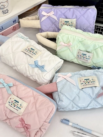 Neceser De Poliéster Acolchado Brillante Gran Capacidad Color Macaron Lazo Asa Bolsa De Almacenamiento De Cosméticos Para Mujeres