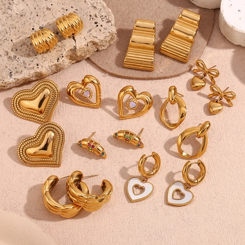 Vintage Stainless Steel Gold Plated Geometric Heart Bowknot Stud Earrings For Women Hollow Rhinestone Earrings Jewelry