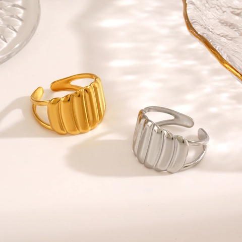 Minimalistischer Edelstahl Gerippter Offener Ring Für Damen 18K Vergoldet Einfacher Geometrischer Strukturierter Verstellbarer Fingerring Schmuck