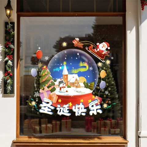 Pegatina De Ventana De Navidad Adhesión Estática PVC Sin Pegamento Color Doble Cara Papá Noel Reno Bola De Nieve Decoración