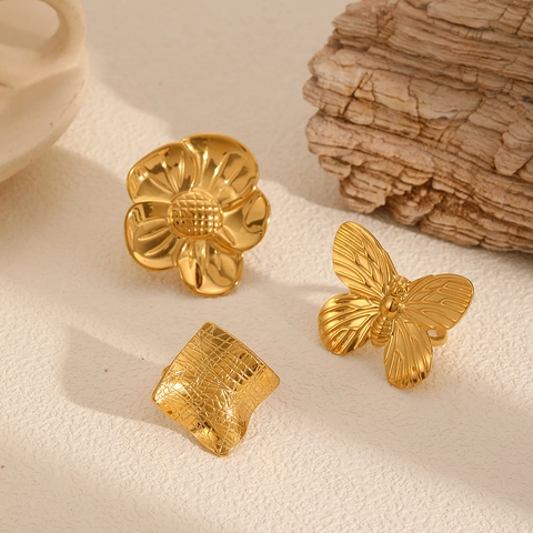 Roestvrijstalen Vlinder Bloem Geometrische Golf Statement Ring 18K Verguld Chique Mode Sieraden Voor Dames