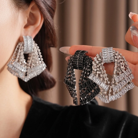 Bowknot Tassel Statement Earrings Rhinestone Copper With Silver Earring Post Exaggerated Luxury Fashion Jewelry Women