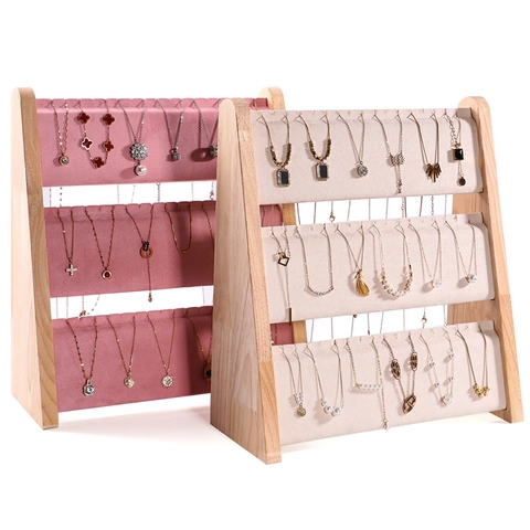 Solid Wood Jewelry Display Stand Necklace Holder Velvet Inclined Showcase Organizer Retail Prop