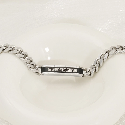 Cubaanse Schakelarmband Roestvrij Staal Grieks Sleutelpatroon Zwarte Emaille Plaat Heren Geometrische Mode Sieraden Verstelbaar