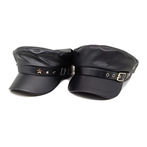 Berretto Newsboy In Pelle PU Da Donna Cappello Militare A Testa Piatta Con Borchie A Stella Fibbia In Metallo Punk Nero