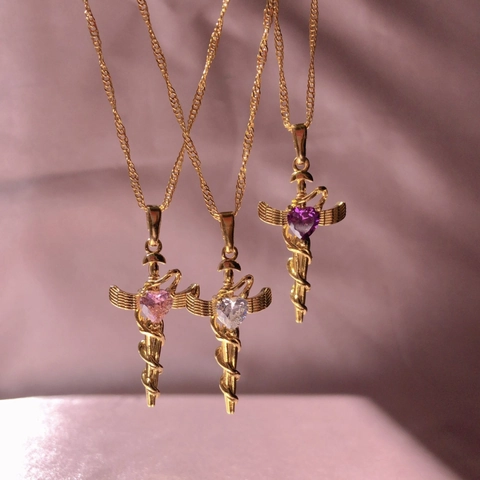 Collana Serpente Cuore Ala Croce Rame Zirconia Placcato Oro Gioielli Stile Dopamina Carini Per Donne Ragazze