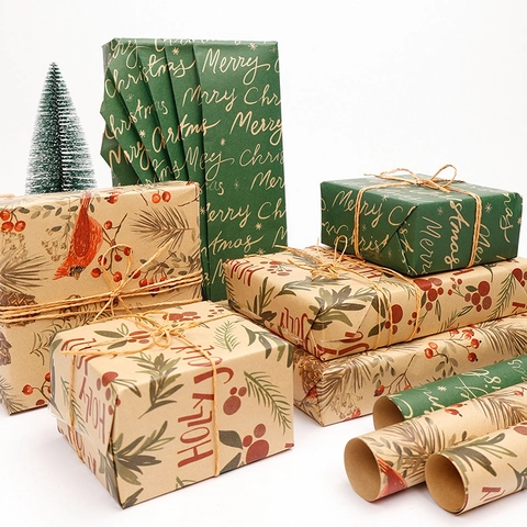 Christmas Wrapping Paper Kraft Paper Roll Vintage Cardinal Bird Pine Berry Design For Holiday Party Gift Packaging