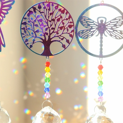 Crystal Suncatcher Hanging Ornament K9 Crystal Ball Rainbow Metal Hummingbird Butterfly Tree Of Life Prism Rainbow Maker
