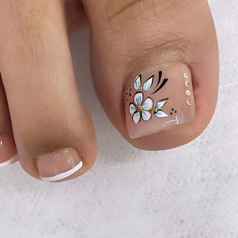 Französische Weiße Spitzen Fußnägel Handgemaltes Blumen Design Glänzende Elegante Künstliche Fußnägel Für Frauen