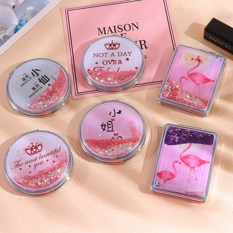 Portable Folding Makeup Mirror Double Sided Compact Magnifying Quicksand Glitter Metal Frame Handheld Travel Beauty Tool