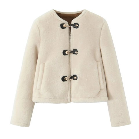 Women Elegant Short Faux Fur Jacket With Leather Metal Buckle Closure Long Sleeve Crew Neck Casual Solid Outerwear