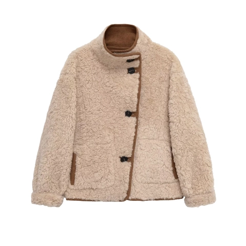 Women Reversible Jacket Faux Suede And Shearling High Neck Warm Thick Coat Vintage Streetwear With Pockets