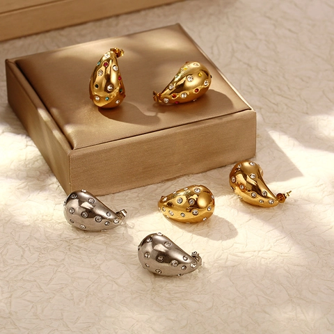 Water Drop Stud Earrings Stainless Steel 18K Gold Plated Rhinestone Colorful Crystal Luxury Fashion Jewelry For Women