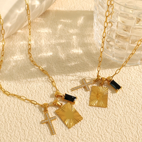 Vintage Gold Plated Edelstahl Anhänger Kette Für Damen Mit Strass Kreuz Sonnenstrahl Medaillon Schwarz Stein Anhänger
