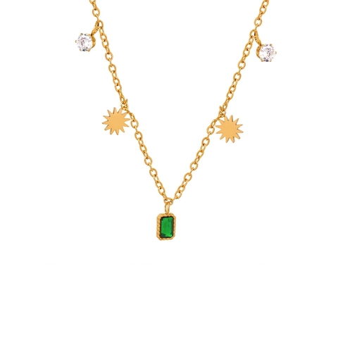 Vintage Titanium Steel Green Zirconia Pendant Necklace For Women Emerald Cut Stone Star Sun Charm Gold Plated Jewelry Gift