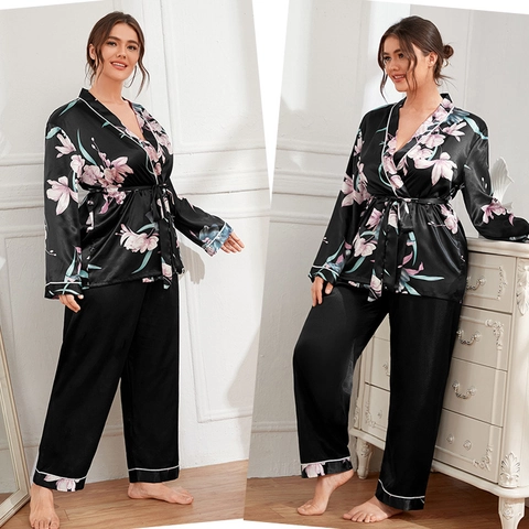 Damen Schlafanzug Übergröße Satin Blumendruck Langarm Wickeloberteil Und Lange Hose Nachtwäsche Loungewear