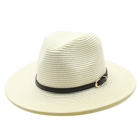 Fedora Straw Hat For Women Summer Sun Protection Beach Jazz Sunshade Breathable With Leather Belt Gold Buckle