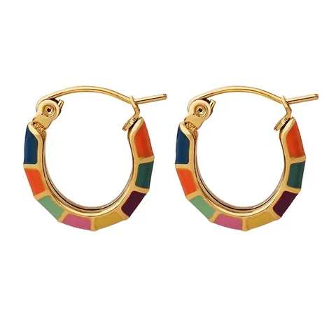 Retro Gold Titanium Steel Hoop Earrings With Colorful Enamel Patchwork Geometric Design For Women