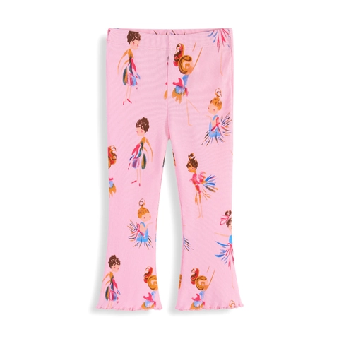 Girls Pink Flare Leggings Ribbed Cotton Knit Pants Cartoon Ballet Girl Print Lettuce Edge Spring Autumn Kids Trousers