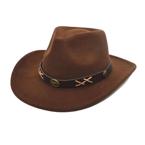 Western Cowboy Hat Wide Brim Felt Jazz Fedora With Leather Belt Bull Head Studs Ethnic Style For Men Women