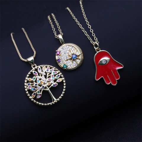 Tree Of Life Hamsa Hand Star Pendant Necklace Copper Gold Plated Zircon Enamel Jewelry For Women Trendy Ethnic Style