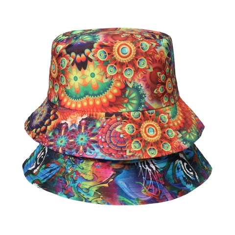 Unisex Polyester Reversible Bucket Hat Colorful Mandala Tiger Head Graffiti Print Sun Protection Streetwear Casual