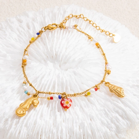 Pulsera Con Dijes De Caballito De Mar Concha Corazón Baño Oro 18K Acero Inoxidable Perla Artificial Cuentas Coloridas Joyería Náutica