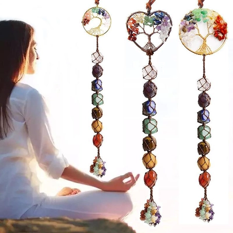 Tree Of Life 7 Chakra Natural Stone Hanging Ornament Handmade Braided Healing Energy Crystals For Car Home Wall Decor Boho