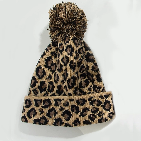 Leopard Print Knit Beanie Hat With Large Pom-Pom Warm Acrylic Winter Cap For Men Women Casual Style
