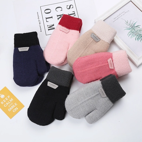 Moufles en Tricot d'Hiver pour Enfants Gants Chauds Doublés Polaire Garçons Filles Bloc de Couleur Rayé Extérieur
