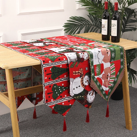 Christmas Table Runner Knitted Polyester Fabric Festive Santa Claus Reindeer Snowman Pattern Tassels Dining Decor Holiday