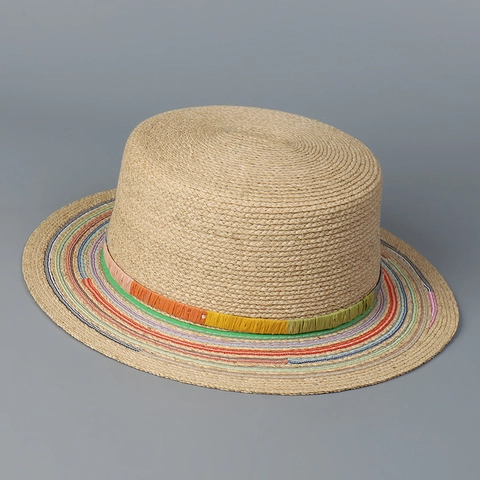 Cappello Paglia Di Rafia Boater Strisce Arcobaleno Tesa Larga Protezione Solare Spiaggia Vacanze Fatto A Mano Per Donne