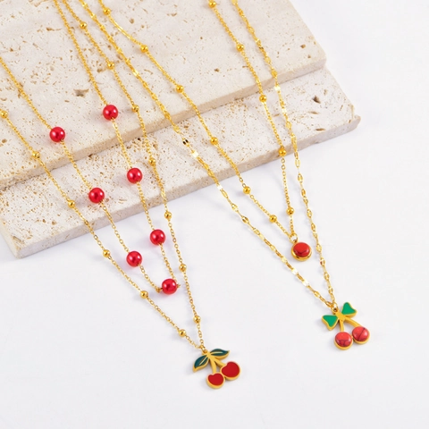 Collana A Più Strati In Acciaio Inossidabile Con Perle Rosse E Ciondolo Ciliegia Gioiello Dolce Da Donna
