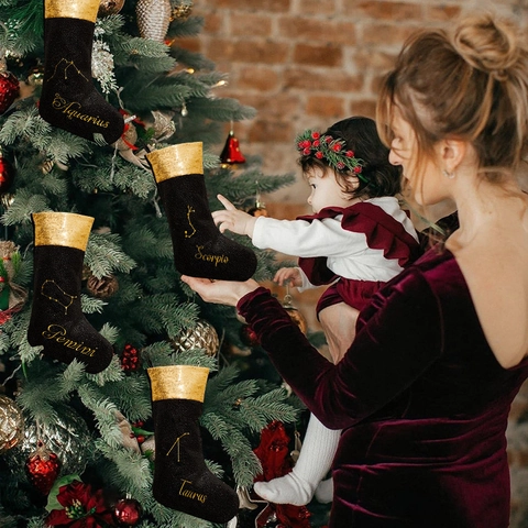 Calza Di Natale Flanella Nera Paillettes Dorate Motivo Costellazione Zodiaco Decorazione Da Appendere Sacchetto Regalo