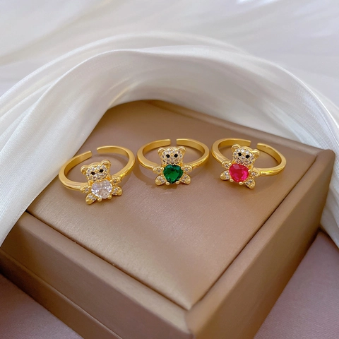Χαριτωμένο Αρκουδάκι Ανοιχτό Δαχτυλίδι Για Γυναίκες Ορείχαλκος Χρυσός Ζιργκόν Σε Σχήμα Καρδιάς Ρυθμιζόμενο Κόσμημα