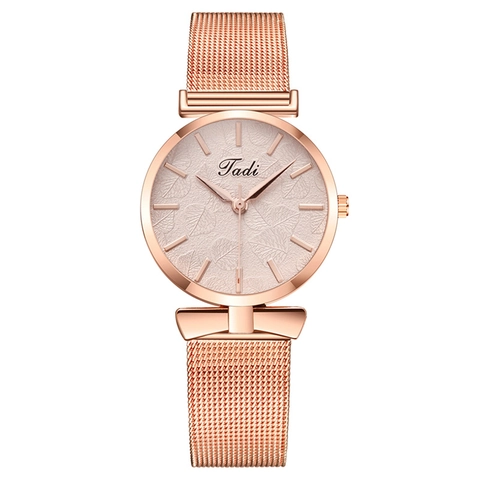 Κομψό Γυναικείο Ρολόι Quartz Rose Gold Mesh Band Ανάγλυφο Σχέδιο Φύλλων Καντράν Μόδα Λεπτομέρεια Φιόγκος