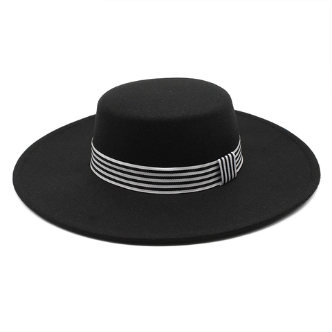 Retro Flat Top Wide Brim Boater Hat For Women Elegant Cotton Polyester Felt Style With Striped Ribbon Band
