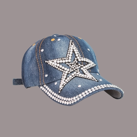 Casquette De Baseball En Denim À Étoile En Strass Chapeau Soleil Ajustable Style Punk Tendance Pour Femmes