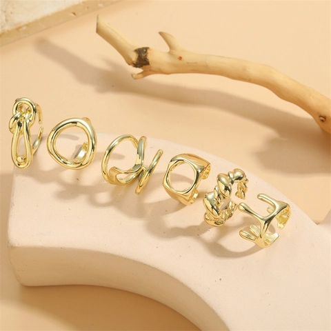 Adjustable Open Rings For Women 14K Gold Plated Copper Geometric Knotted Twisted Hollow Minimalist Finger Jewelry