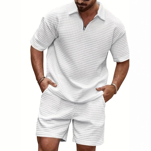 Polo Da Uomo A Maniche Corte Con Mezza Zip E Pantaloncini Texture A Nido D'Ape Completo Casual Sportivo