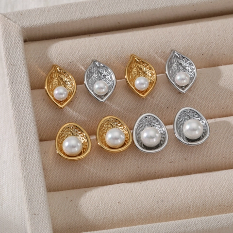 Textured Leaf And Oval Stud Earrings Stainless Steel With Artificial Pearl PVD Plated Fashion Jewelry Women