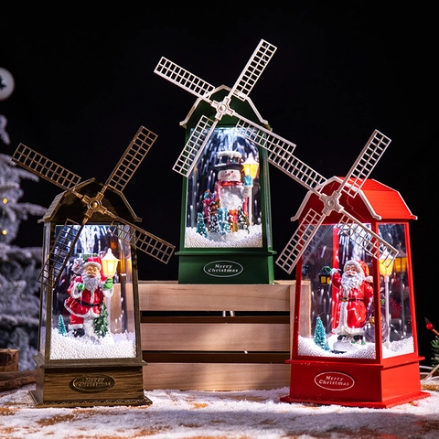 Christmas Windmill Music Snow Lantern Plastic LED Light Santa Claus Snowman Ornament Holiday Desktop Decor