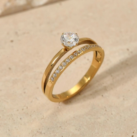 Stainless Steel Double Layer Ring For Women Round Zirconia Main Stone Split Shank CNC Micro Pave Elegant Fashion Jewelry
