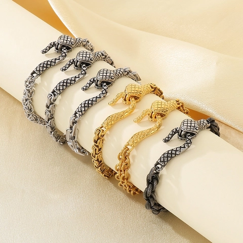 Snake Head Clasp Bracelet Stainless Steel Byzantine Box Chain Hip Hop Punk Vintage Gothic Jewelry For Men Women Cool