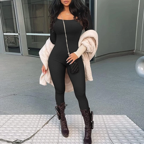 Damen Sexy Gerippter Jumpsuit Quadratischer Ausschnitt Slim Fit Langarm Bodysuit Hüftstraffung Einteiler Catsuit Für Herbst Frühling