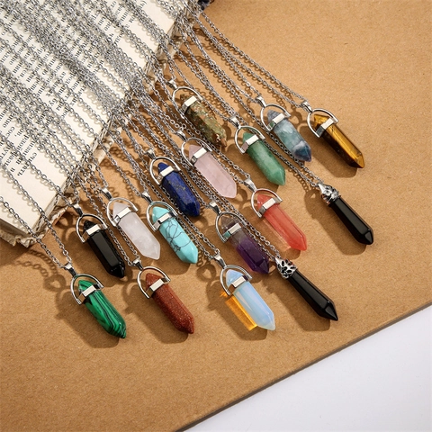 Hexagonal Pillar Natural Stone Pendant Necklace With Copper Chain Pointed Crystal Healing Stone Women Men Yoga Jewelry