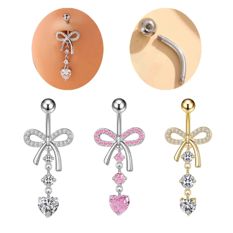 Elegante Piercing del Ombligo con Lazo y Colgante de Corazón para Mujer Cobre Incrustado de Strass Joyería Corporal Fiesta Regalo