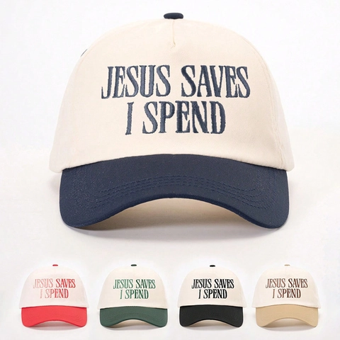 Gorra De Béisbol De Color En Contraste Retro Americano Bordado Poliéster Jesus Saves I Spend Ajustable Visera Curva Sombrero