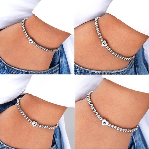 Alphabet Initial Heart Charm Copper Beaded Bracelet For Women Silver Plated Elastic Stretchy Minimalist Fashion Jewelry Gift