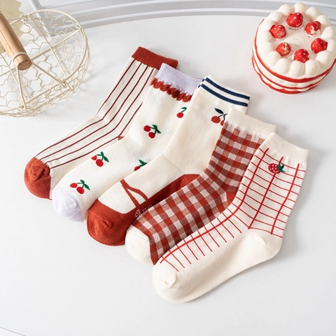 Women Crew Socks Combed Cotton Breathable Sweet Cherry Strawberry Patterns Plaid Stripes Fashion Casual For Girls